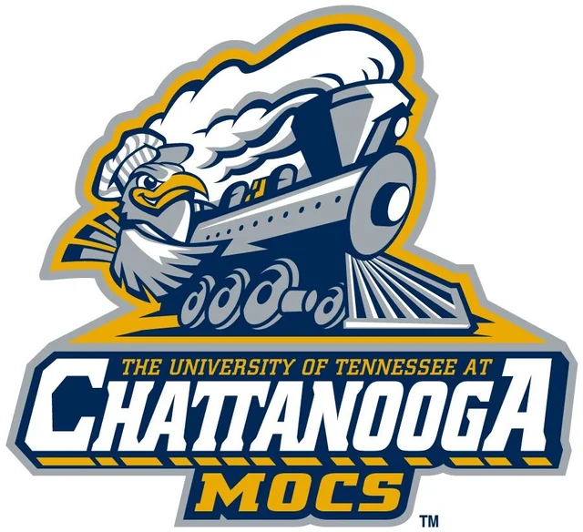 University of Tennessee at Chattanooga Mocs logo featuring a stylized eagle and locomotive mascot in navy, gold, and white