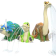 Three animated fantasy creatures with water fountains: a spiky blue-green creature, a green reptilian character, and a long-necked tan creature spraying water.