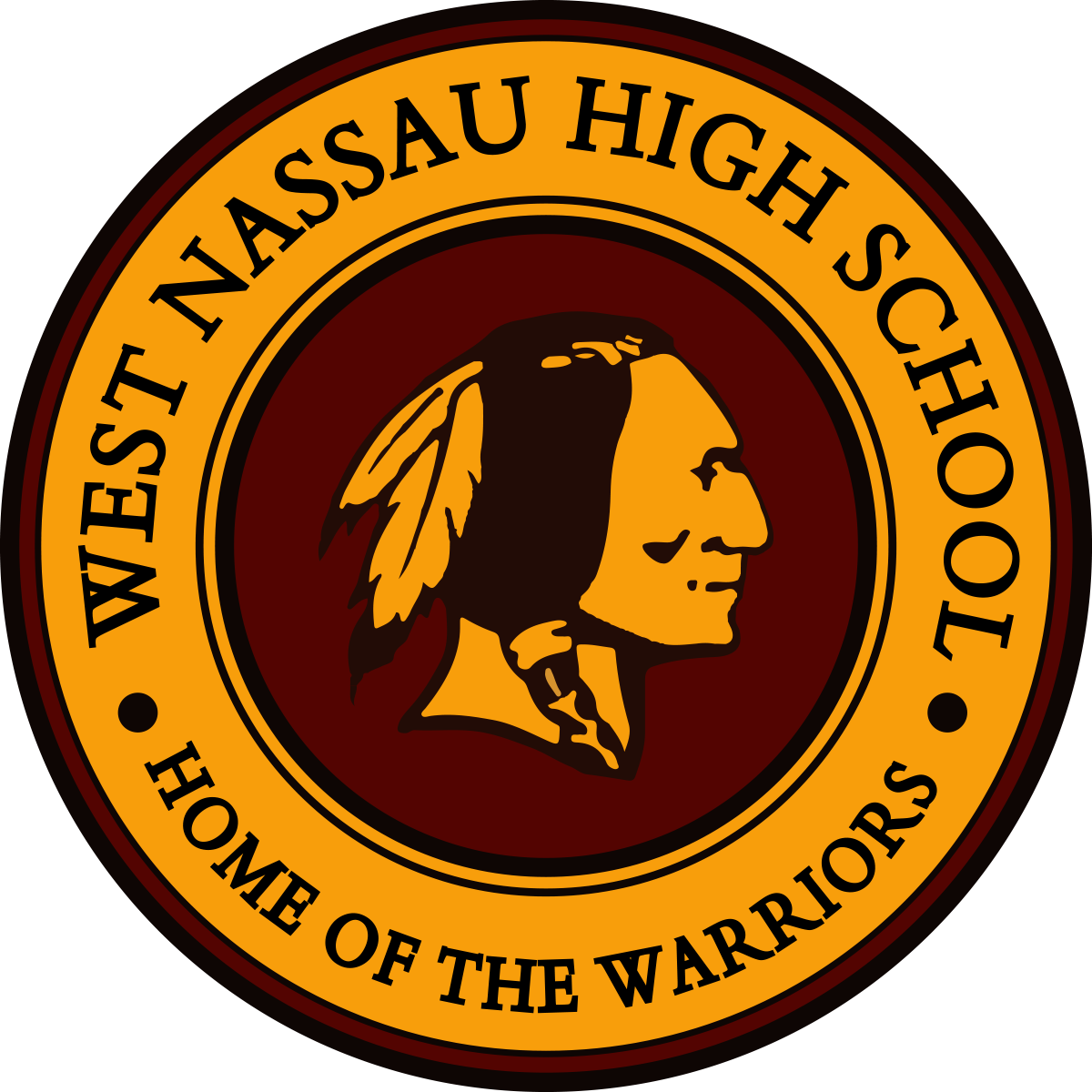 West Nassau High School Warriors logo seal with Native American profile and feather headdress in gold and maroon