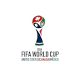 2026 FIFA World Cup logo featuring a stylized trophy with soccer ball and flags for United States, Canada, and Mexico