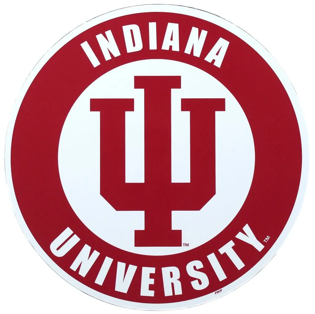 Indiana University circular logo with crimson trident symbol and white text on red background