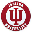 Indiana University circular logo with crimson trident symbol and white text on red background