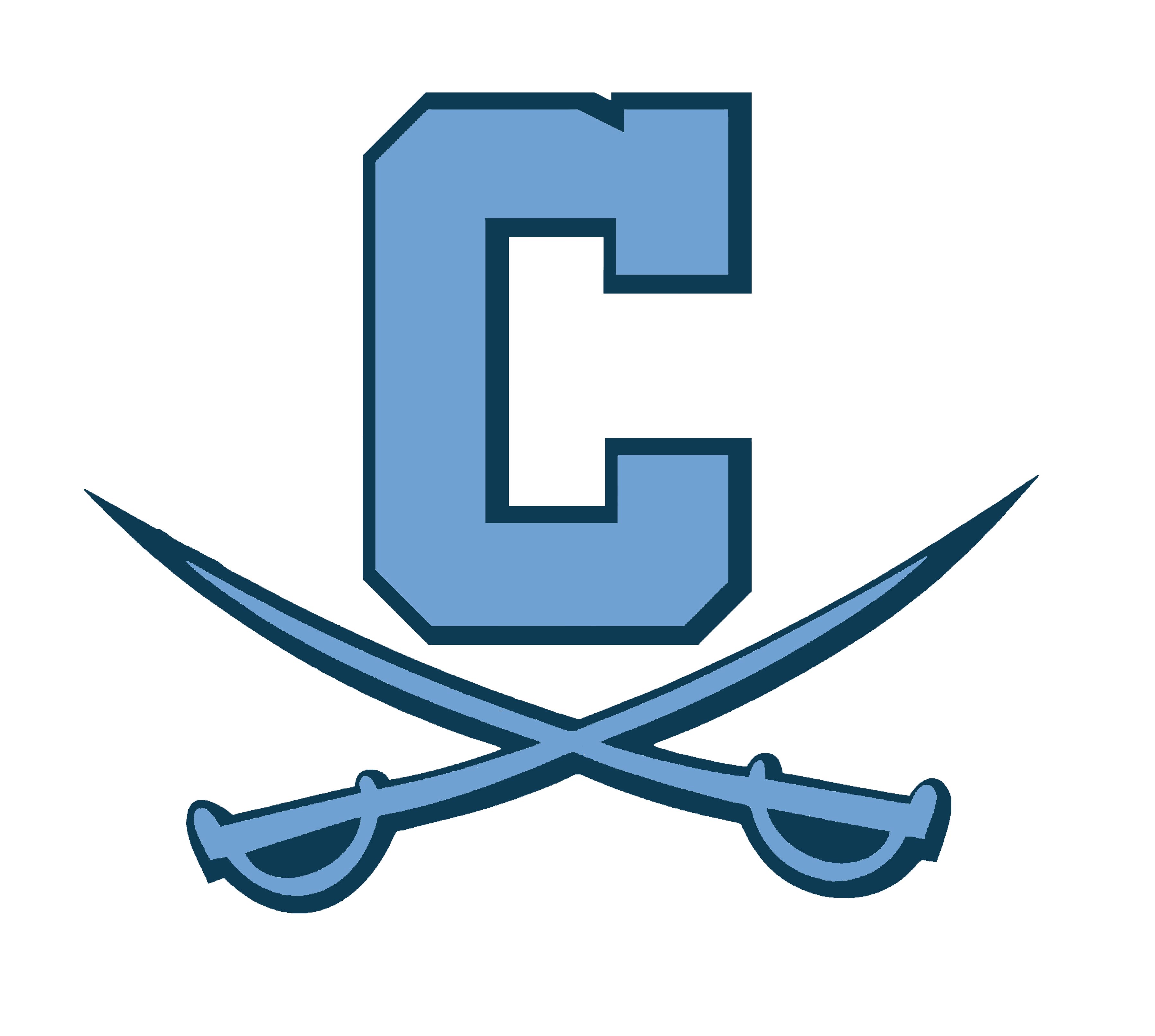 Blue letter C logo with crossed cutlass swords emblem
