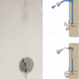 Shower plumbing installation diagram showing showerhead, valve control, and water supply pipe configurations with technical schematic details.