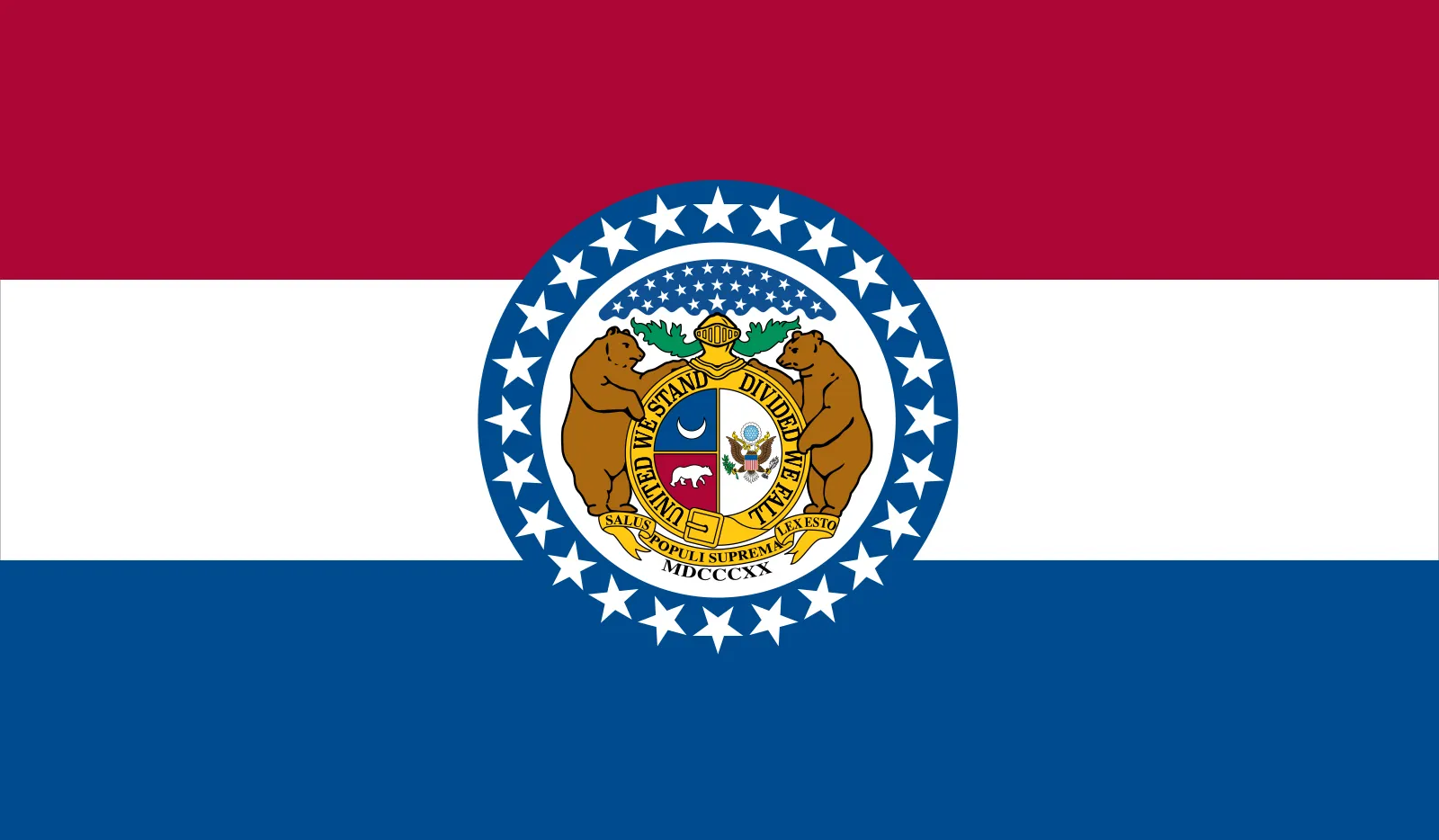 Missouri state seal featuring two bears flanking a shield with stars and official state symbols on red, white, and blue background