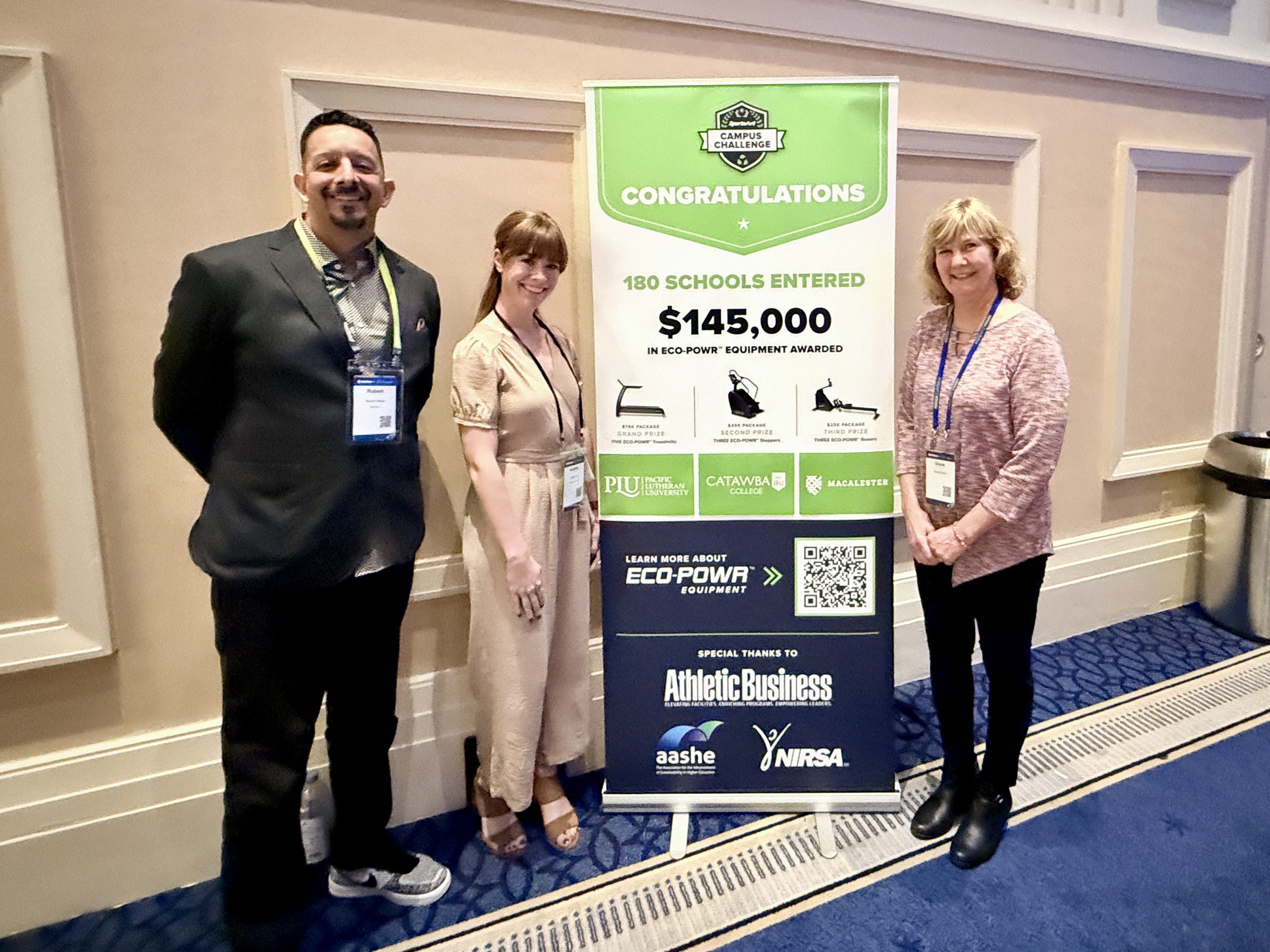 (L-R) Ruben Mejia, Executive Vice President, SportsArt Americas, Audrey Lee, Managing Editor, Athletic Business and Diane Ebner, Advertising Director, Athletic Business presented the 2025/26 Campus Challenge Sweepstakes prize packages at the NIRSA + IDEA World Conference & Expo in National Harbor, MD.