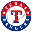 Texas Rangers baseball team logo featuring red 'T' with baseball stitching on circular blue and red badge