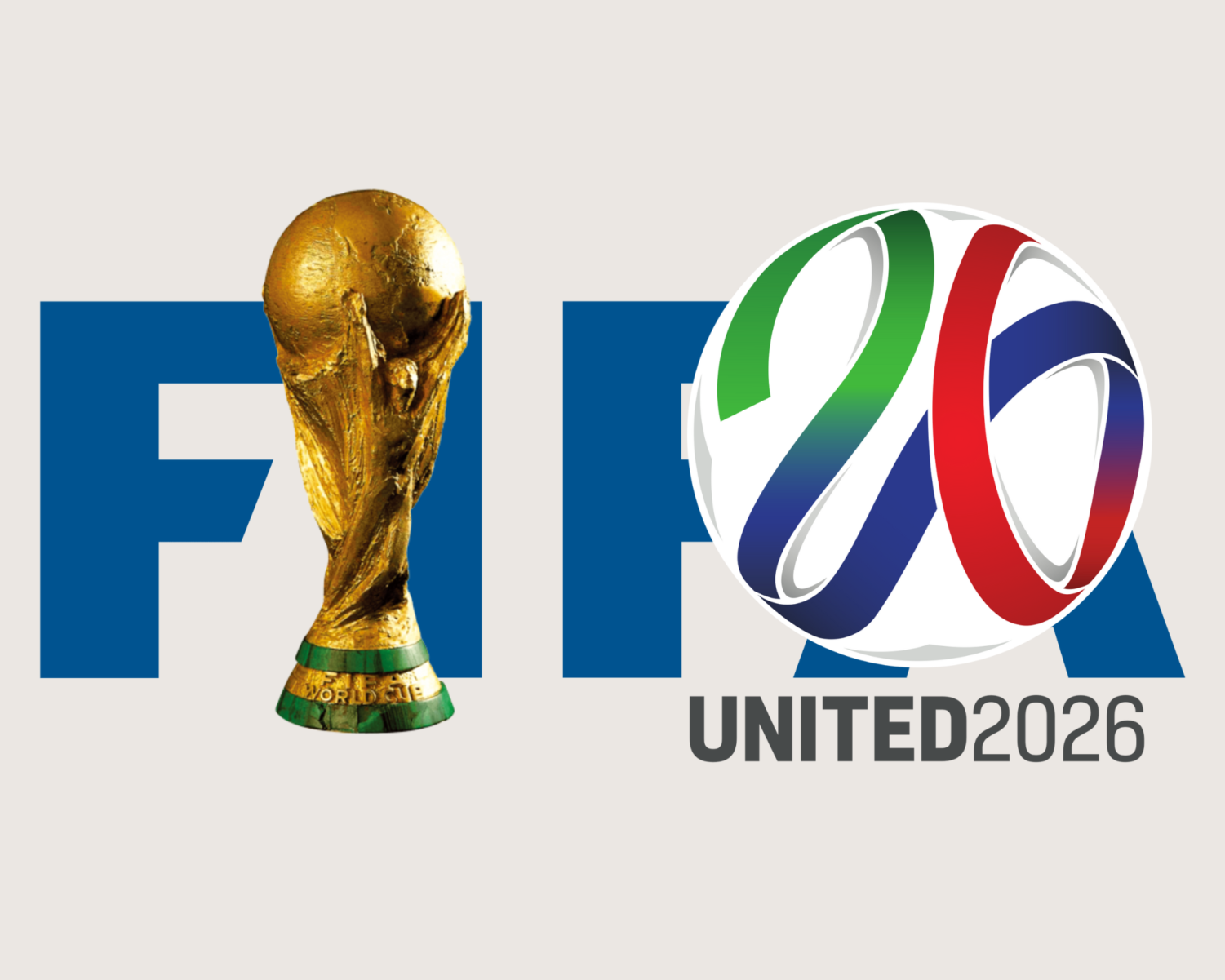 FIFA World Cup 2026 United branding with golden trophy and official tournament logo featuring green, red, and blue ribbons