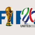 FIFA World Cup 2026 United branding with golden trophy and official tournament logo featuring green, red, and blue ribbons