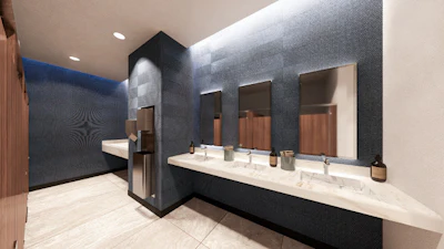 The AI embellishments in this rendering of what AI considers a community recreation center’s restroom make it look more like something found in a hotel.
