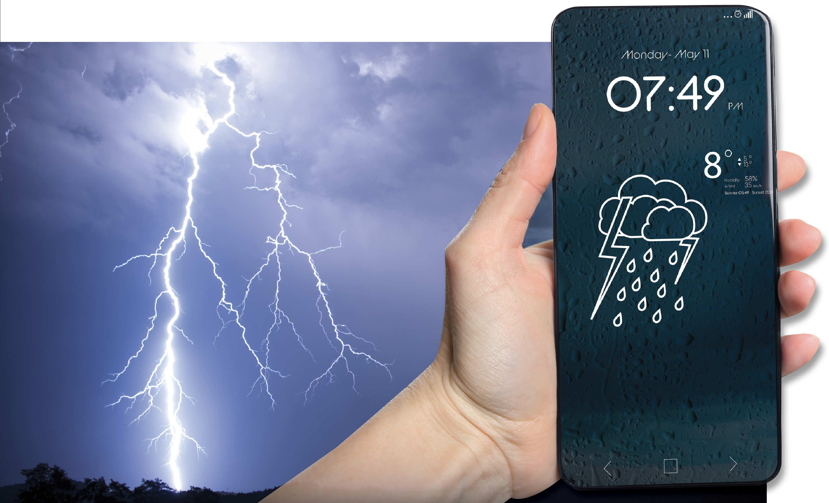 Smartphone displaying rainy weather forecast with 8°C temperature held against dramatic lightning storm background