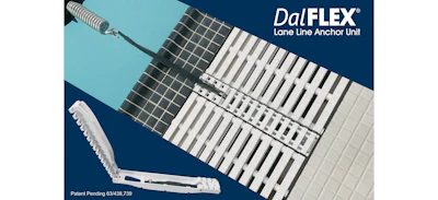 DalFLEX Lane Line Anchor Unit product display showing white ribbed anchor units, black mesh backing, and installation hardware with patent pending notation