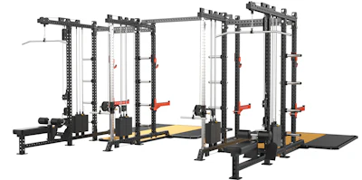 Commercial multi-station cable machine with black metal frame, red handles, and yellow platform bases for gym training