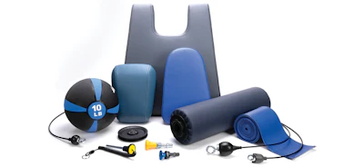 Fitness equipment collection including medicine ball, foam rollers, resistance bands, dumbbells, and storage bag