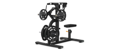 Black leg press machine with weight plates and adjustable seat for strength training