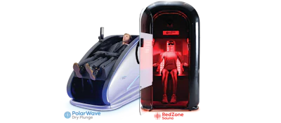 PolarWave cryotherapy chamber and RedZone infrared sauna pod side-by-side wellness devices