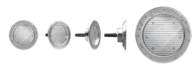 Exploded view diagram of circular ventilation grille assembly showing disassembled components and installation stages