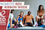 Diverse group of athletes sitting together promoting Red Ribbon Week awareness campaign