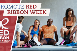 Diverse group of athletes sitting together promoting Red Ribbon Week awareness campaign