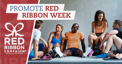 Diverse group of athletes sitting together promoting Red Ribbon Week awareness campaign