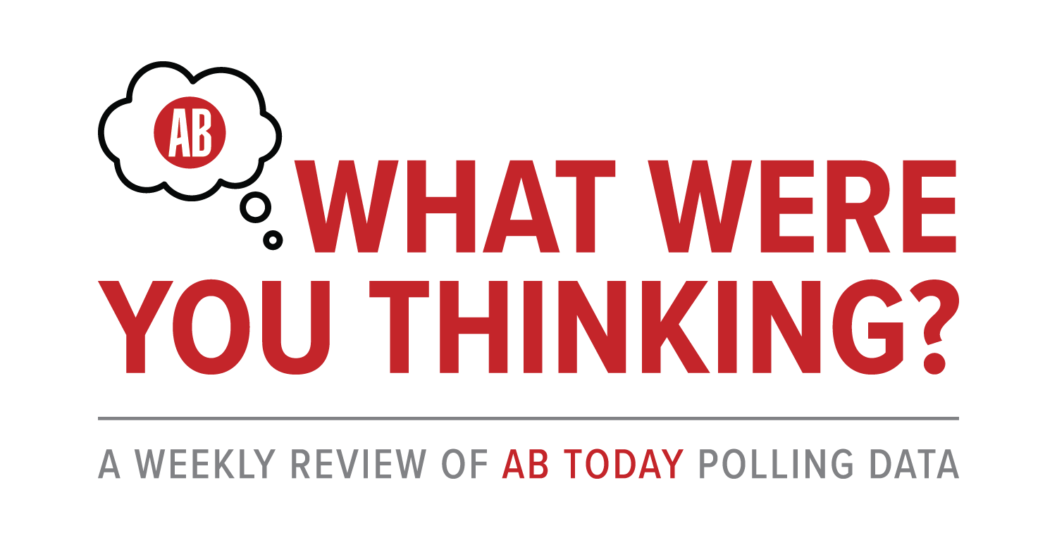 AB Today weekly polling data review header with thought bubble logo and red text