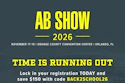 AB Show 2026 promotional poster with school supplies on chalkboard background, November 17-19 in Orlando, Florida