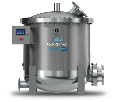 AQUAREVIVAL industrial water treatment system with stainless steel tank, digital control panel, and integrated piping connections