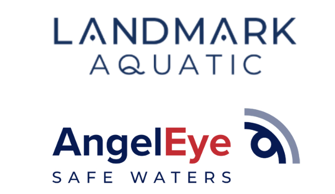 Landmark Aquatic and AngelEye Safe Waters logos featuring navy typography with geometric water and eye symbols