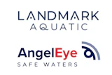 Landmark Aquatic and AngelEye Safe Waters logos featuring navy typography with geometric water and eye symbols
