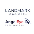 Landmark Aquatic and AngelEye Safe Waters logos featuring navy typography with geometric water and eye symbols