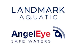 Landmark Aquatic and AngelEye Safe Waters logos featuring navy typography with geometric water and eye symbols