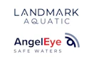 Landmark Aquatic and AngelEye Safe Waters logos featuring navy typography with geometric water and eye symbols