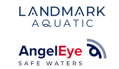 Landmark Aquatic and AngelEye Safe Waters logos featuring navy typography with geometric water and eye symbols