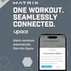 Matrix and Upaace fitness app integration advertisement showing smartphone with workout connection interface and activity log access
