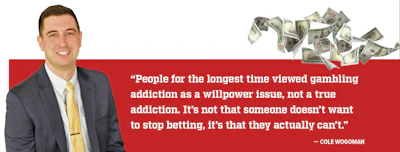 Professional testimonial featuring Cole Wogoman discussing gambling addiction as a compulsive disorder rather than a willpower issue