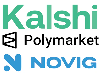 Kalshi, Polymarket, and Novig logos stacked vertically, representing three financial prediction and trading platforms