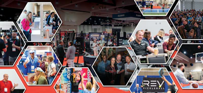 Collage of hexagonal photos from REV Pickleball event showing attendees, crowds, and tournament activities