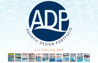 ADP Aquatic Design Portfolio logo featuring navy circle with white text and wave design, 12-year look back