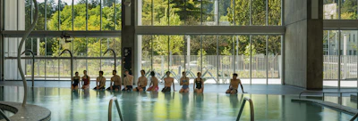Group fitness class exercising together in a bright studio with large windows overlooking green trees