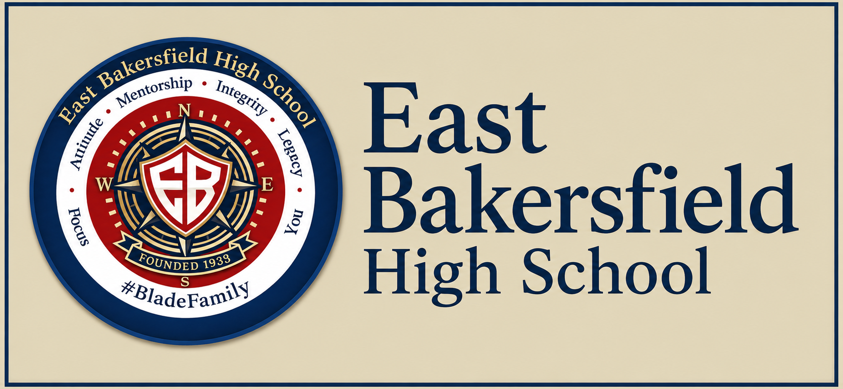 East Bakersfield High School seal and wordmark logo featuring a navy circular emblem with red shield cross and gold accents