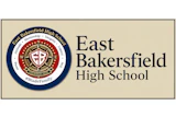 East Bakersfield High School seal and wordmark logo featuring a navy circular emblem with red shield cross and gold accents
