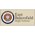 East Bakersfield High School seal and wordmark logo featuring a navy circular emblem with red shield cross and gold accents