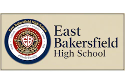 East Bakersfield High School seal and wordmark logo featuring a navy circular emblem with red shield cross and gold accents