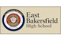 East Bakersfield High School seal and wordmark logo featuring a navy circular emblem with red shield cross and gold accents