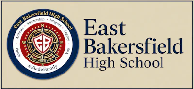 East Bakersfield High School seal and wordmark logo featuring a navy circular emblem with red shield cross and gold accents