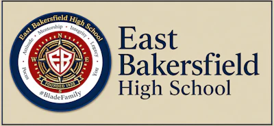East Bakersfield High School seal and wordmark logo featuring a navy circular emblem with red shield cross and gold accents