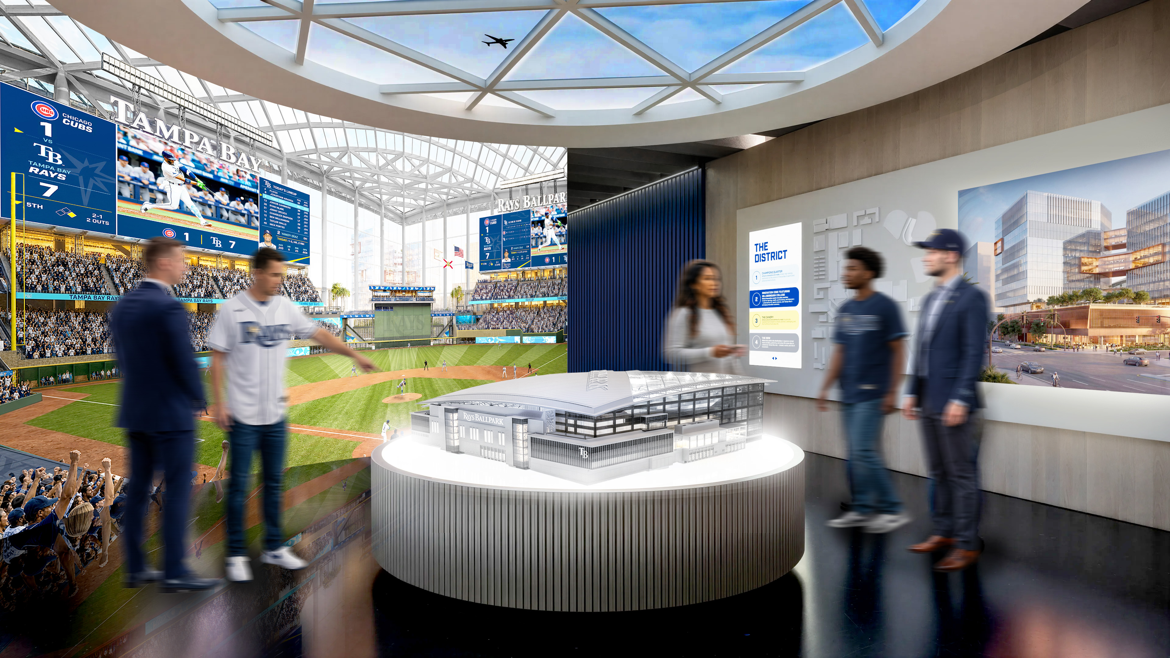 Modern stadium visitor center with curved architecture, baseball field views, and interactive displays featuring Tampa Bay Rays branding