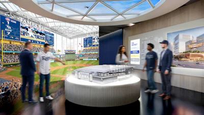 Modern stadium visitor center with curved architecture, baseball field views, and interactive displays featuring Tampa Bay Rays branding