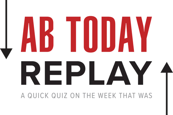 AB Today Replay quiz graphic with red and black text and directional arrows