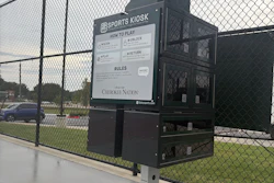 Sports Kiosk equipment station at baseball field with instructional signage and Cherokee Nation branding